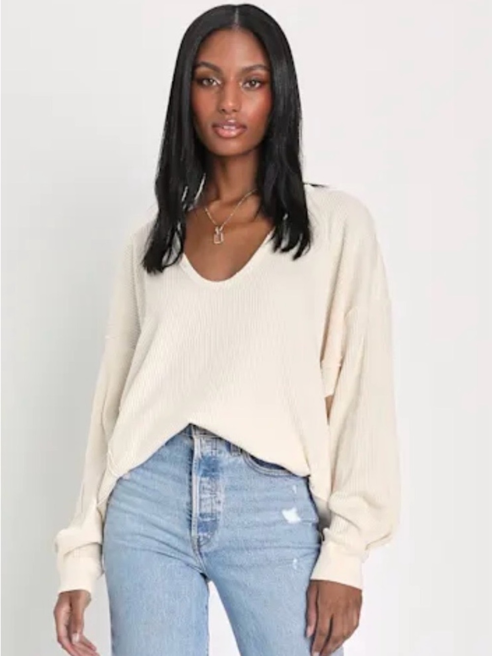 Free People We The Free Buttercup Waffle Knit Thermal V-Neck Top Cream S